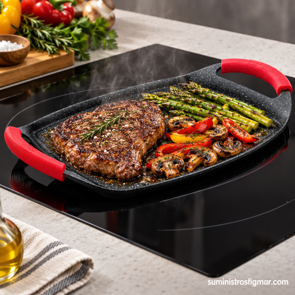 Plancha grill Lacor Eco-Piedra con carne, espárragos y pimientos sobre la placa, Suministros Figmar