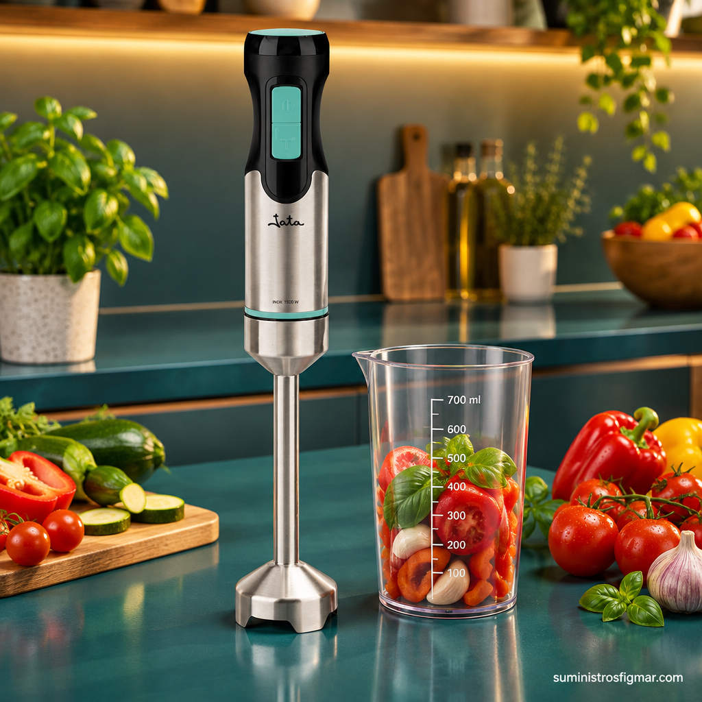 Batidora de mano JATA Turbo 1500 W con vaso medidor en una cocina moderna, imagen de Suministros Figmar