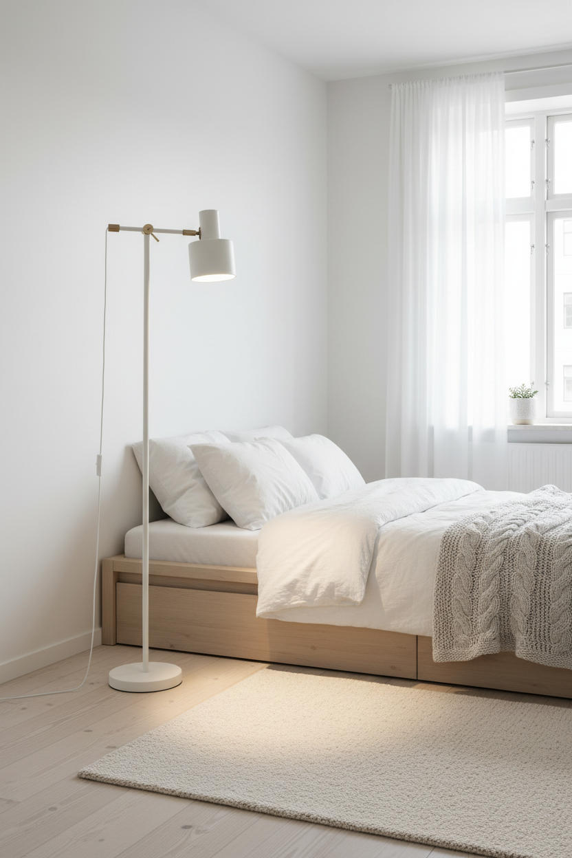 Lámpara de Pie Blanca Serantes en dormitorio