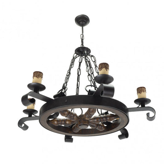Lampara Rustico Rueda 6xe27 Marron REGx70x70 Cm