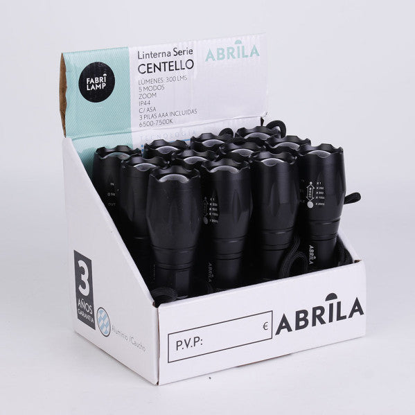 Linterna Led Aluminio Centello Negra 5encend.+zoom 300lm Ip44 C/asa 13,5-15,5x3,6d