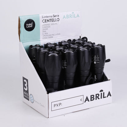 Linterna Led Aluminio Centello Negra 5encend.+zoom 300lm Ip44 C/asa 13,5-15,5x3,6d