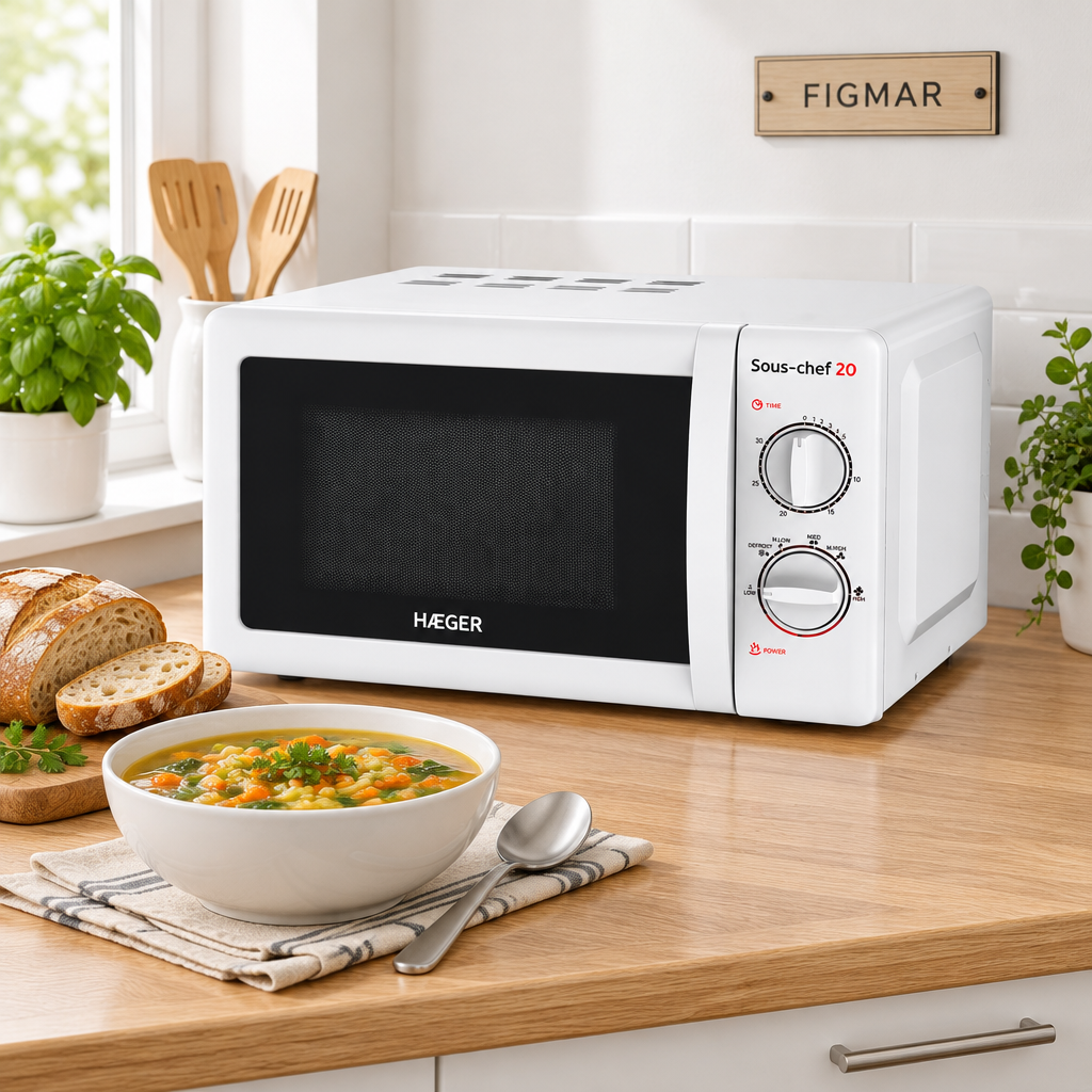 Microondas Haeger blanco con sopa y marca Figmar