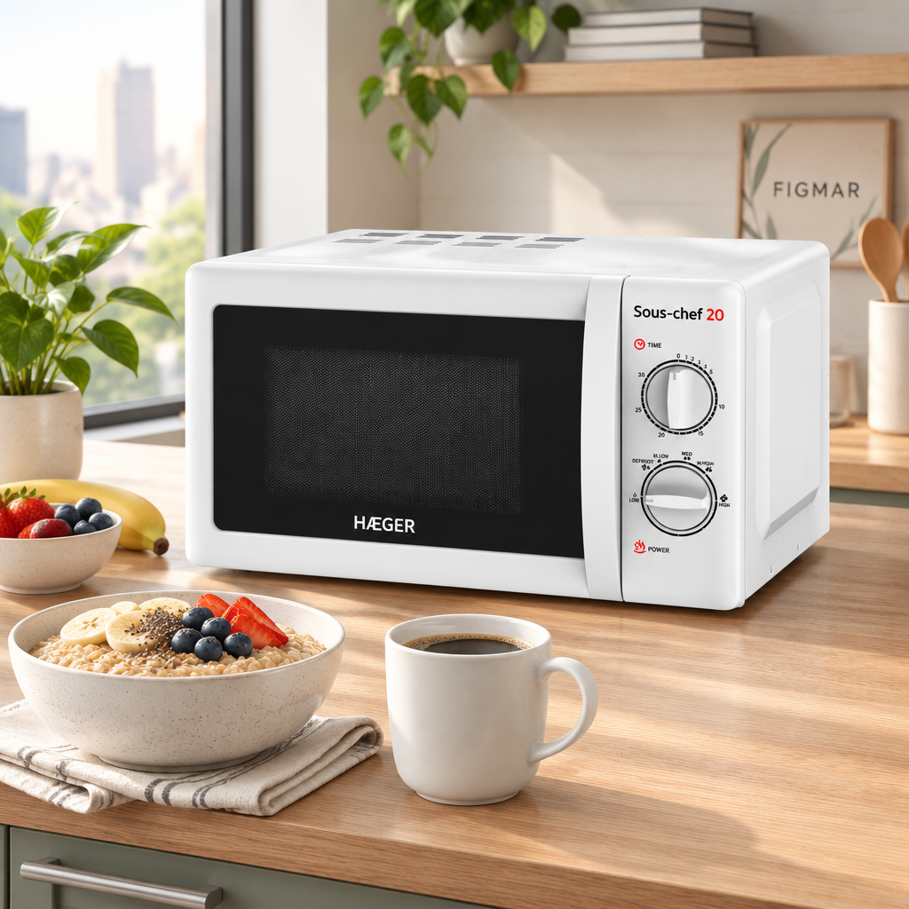 Microondas Haeger blanco en cocina compacta con marca Figmar