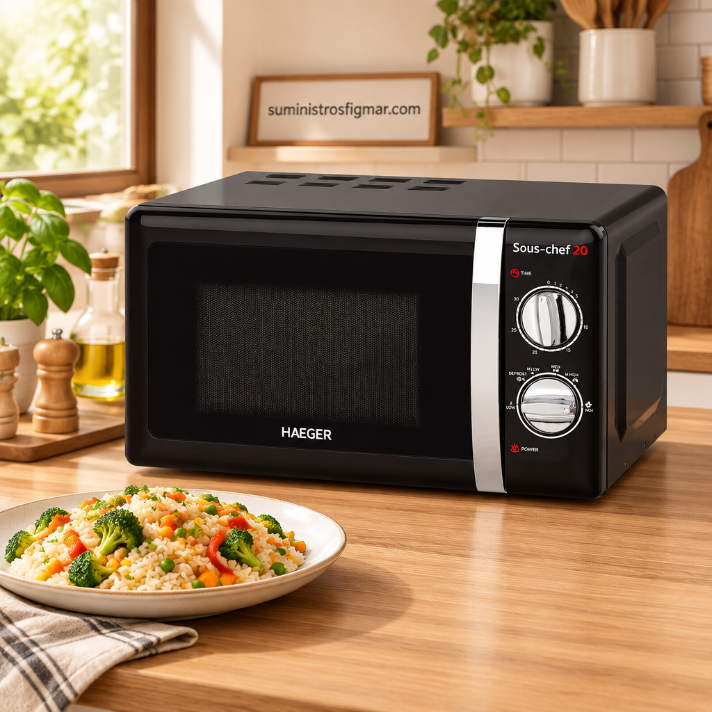 Microondas Haeger negro con comida preparada