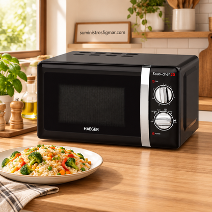 Microondas Haeger negro con comida preparada