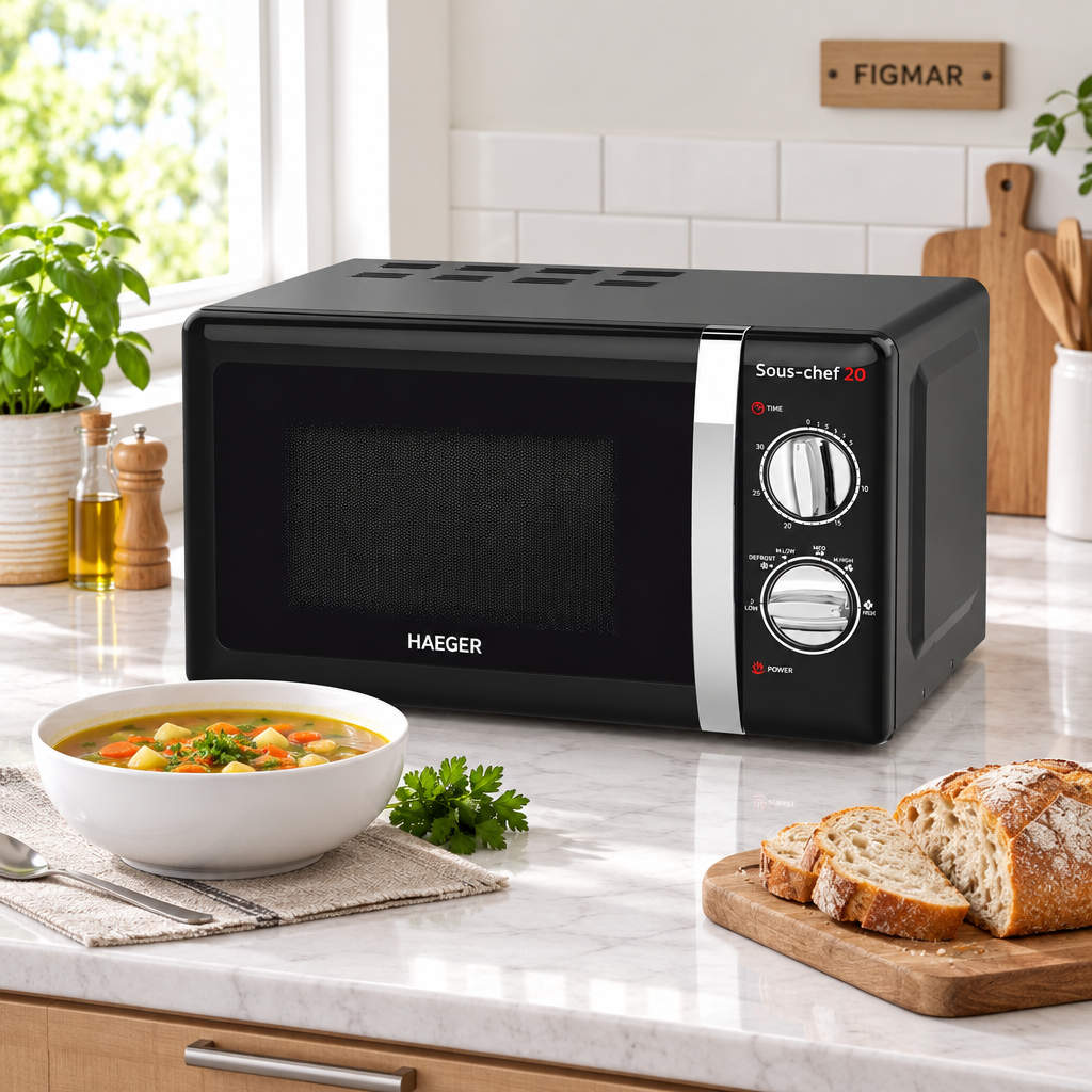 Microondas Haeger negro con sopa y marca Figmar
