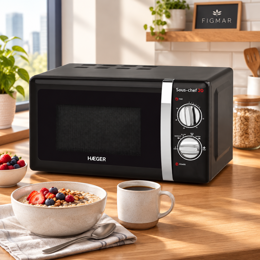 Microondas Haeger negro en cocina compacta con marca Figmar