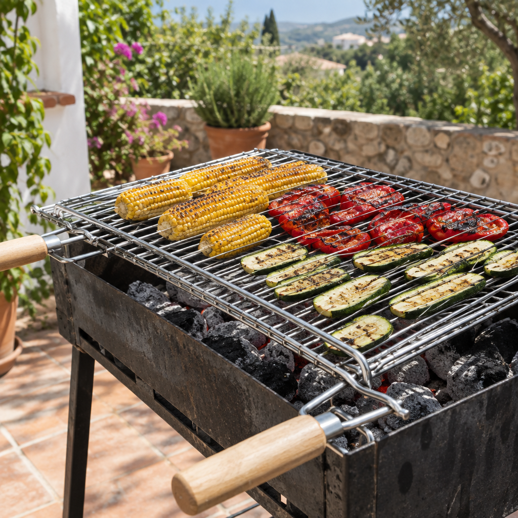 Parrilla extensible en una barbacoa con verduras