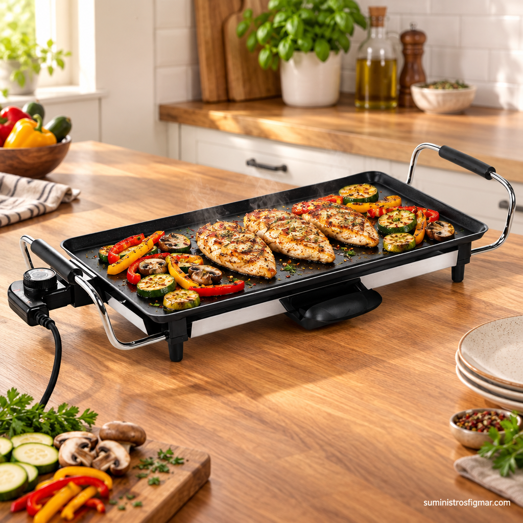 Plancha de asar GSC Steke de 2000 W con pollo, pimientos, calabacín y champiñones, imagen de Suministros Figmar