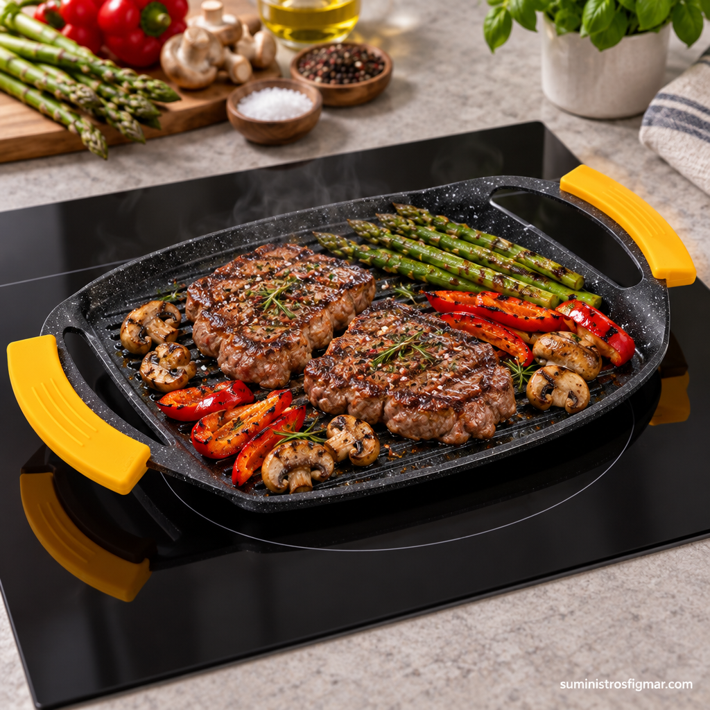 Plancha grill Ibili Basic Stone en inducción con carne, espárragos y pimientos, Suministros Figmar