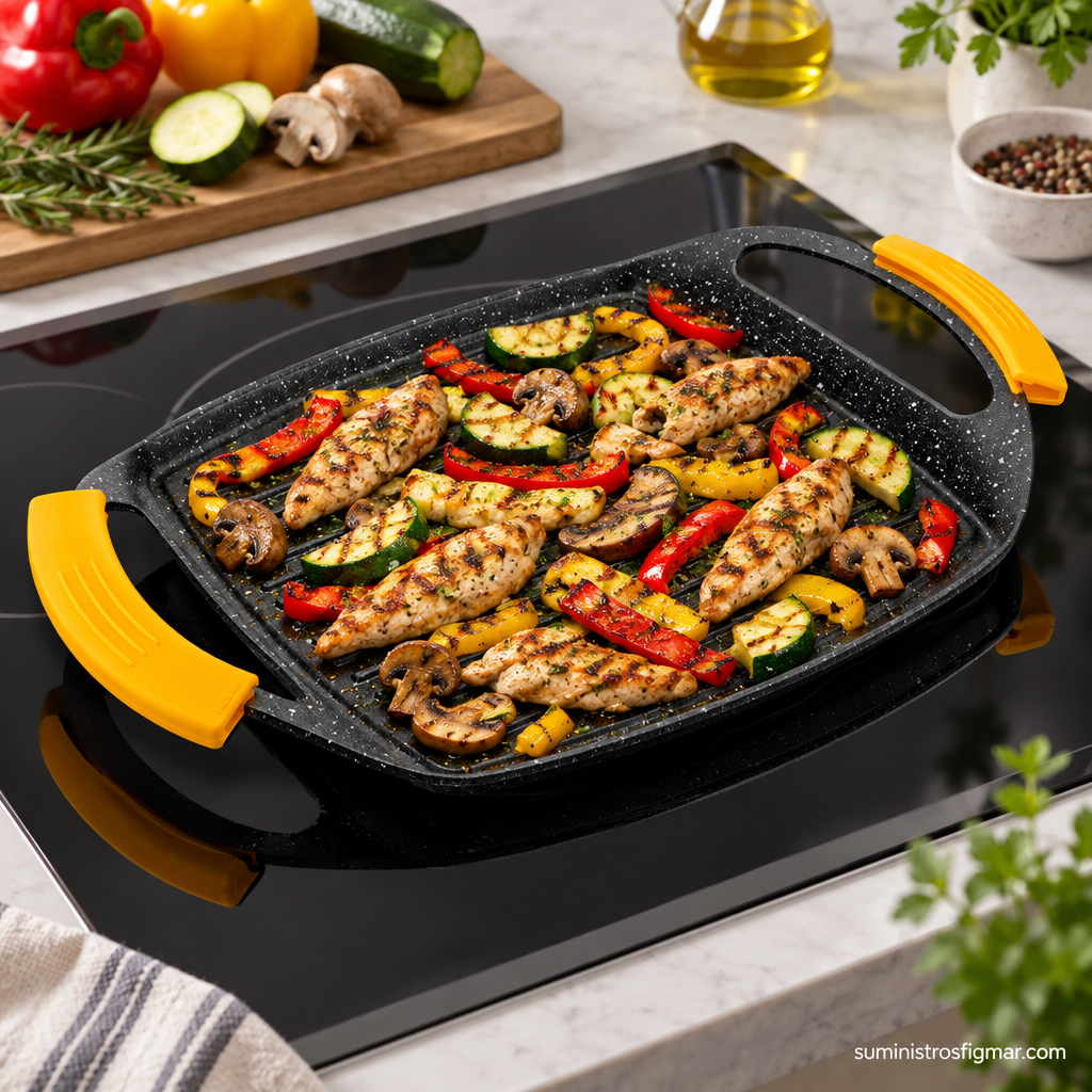Plancha grill Ibili Basic Stone en inducción con pollo, pimientos y verduras, Suministros Figmar