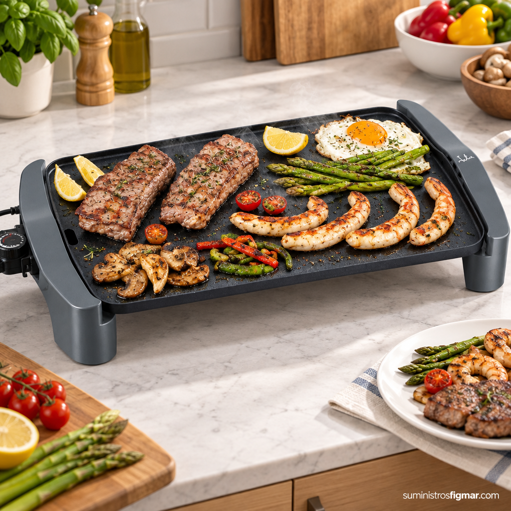 Plancha Jata GR555A con carne, gambas y verduras