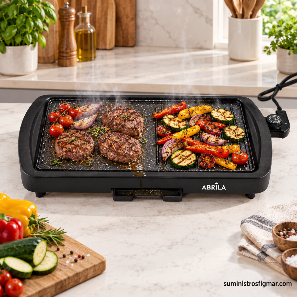 Plancha Nagoya de 1800 W cocinando medallones de carne, pimientos, cebolla, calabacín y tomates, imagen de Suministros Figmar