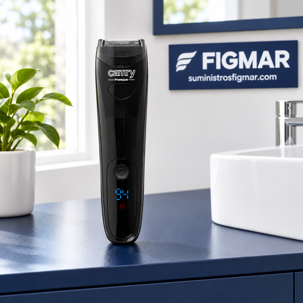 Recortadora Camry en baño azul marino con Figmar al fondo