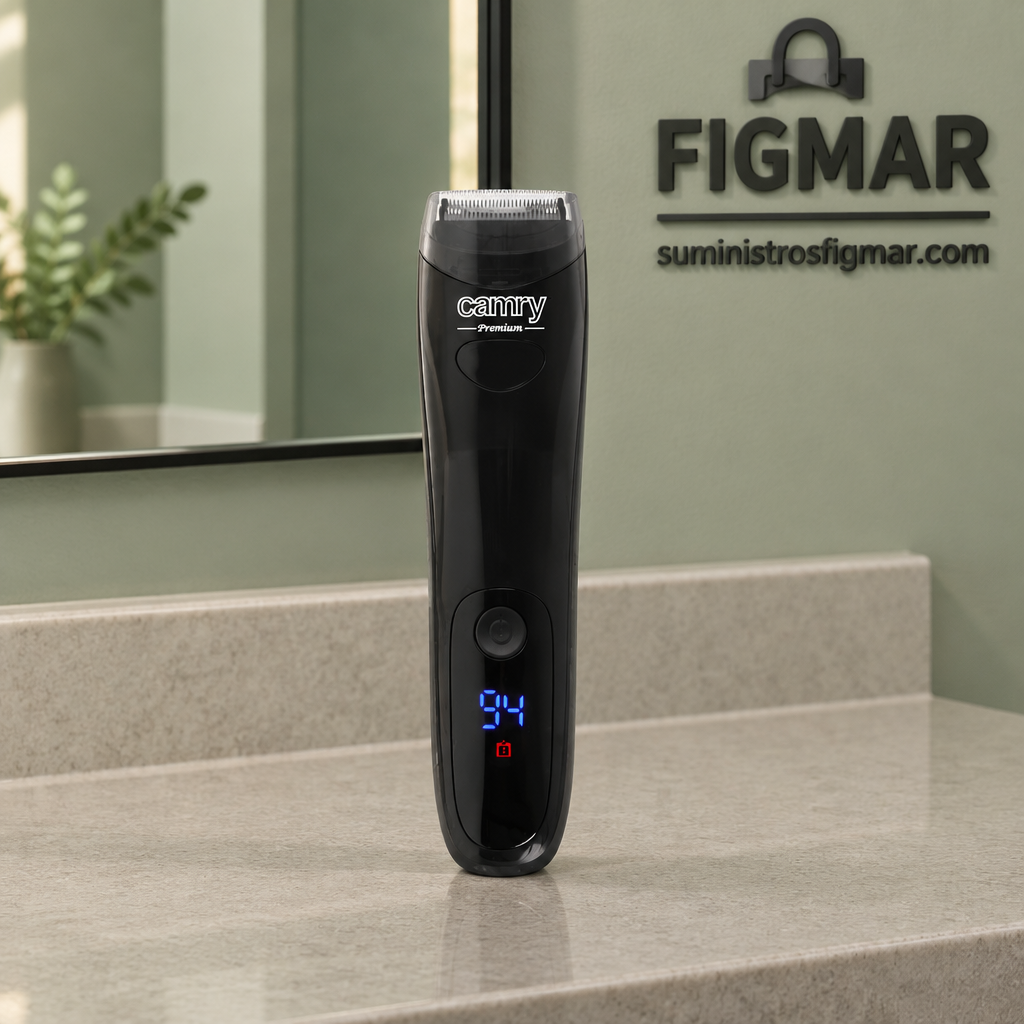 Recortadora Camry en baño verde salvia con Figmar al fondo