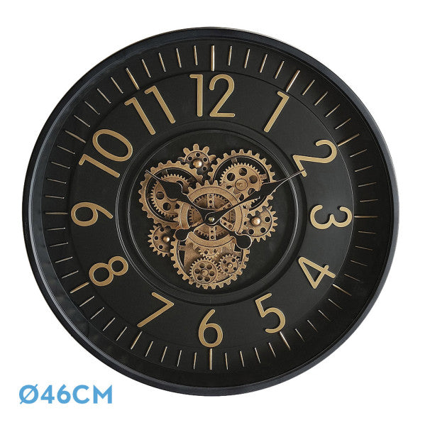 Reloj De Pared Lacio Oro/negro 46x46x8cm Engranajes Con Movimiento