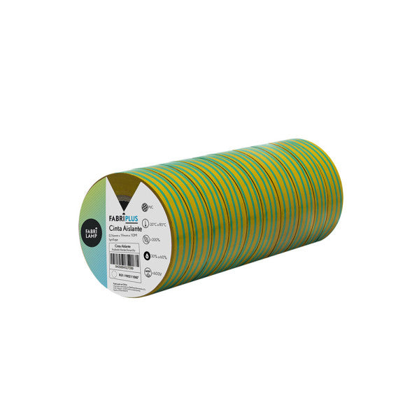 Rollo Cinta Aislante Pvc Verde/amarillo 19mmx10m  Para Elecectricista Flexible Y Duradera