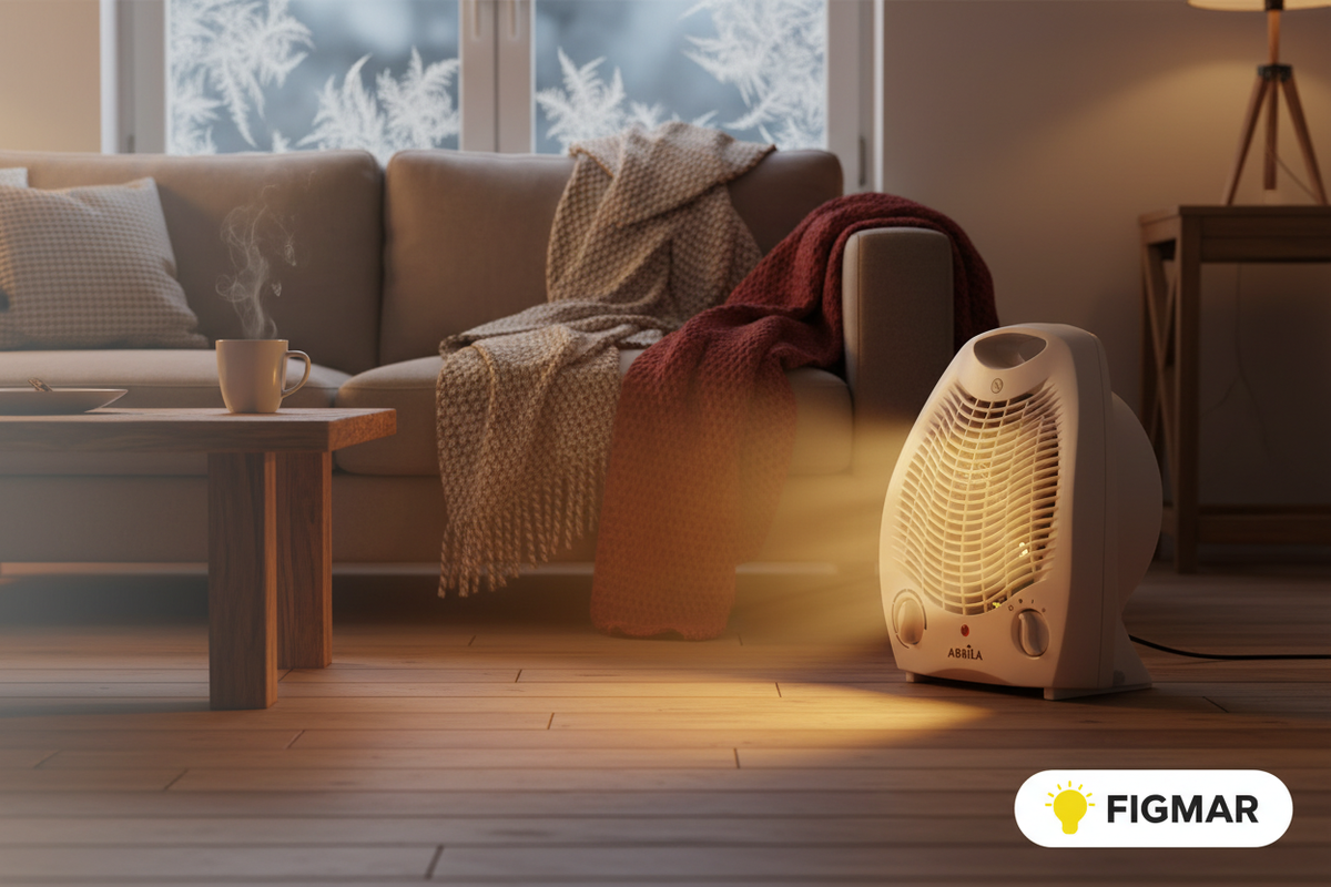 Termoventilador blanco salón con logo FIGMAR