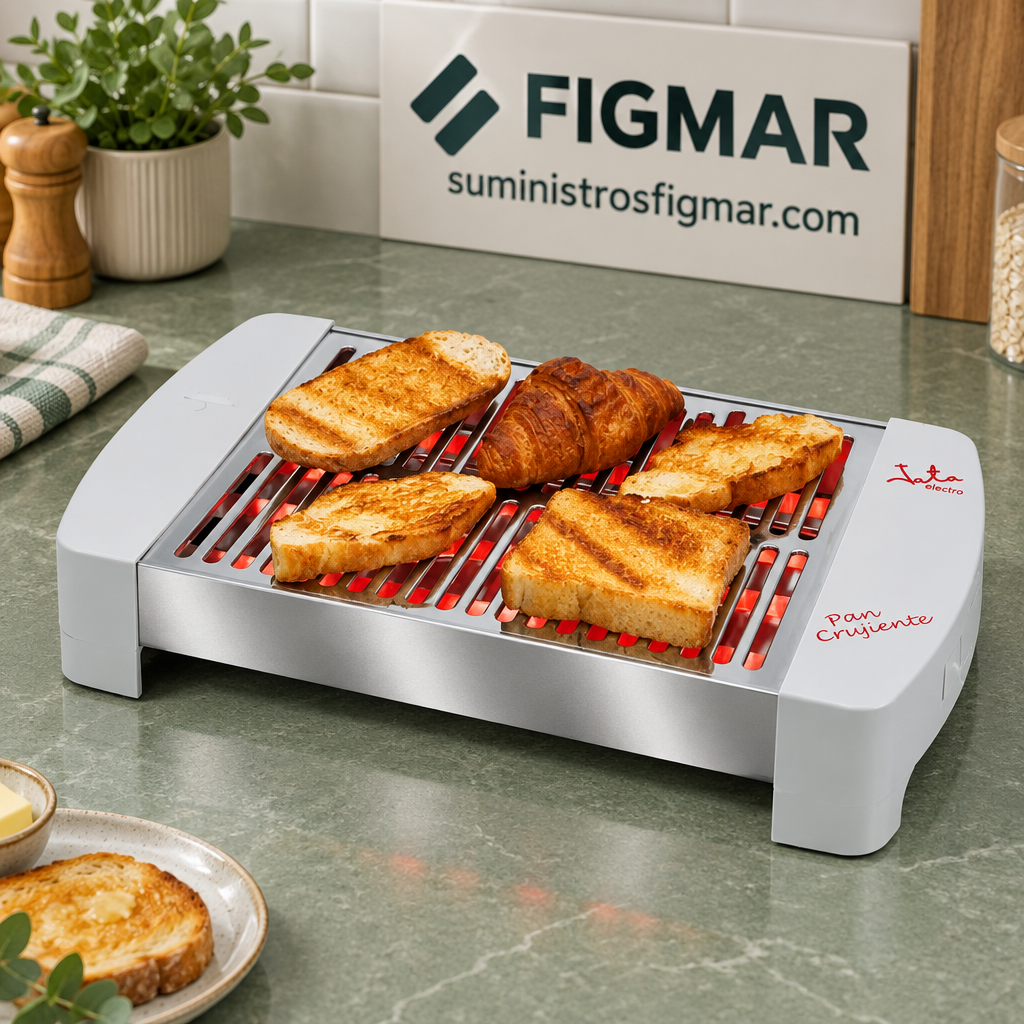 Tostador Jata TT589 en cocina verde salvia con Figmar al fondo