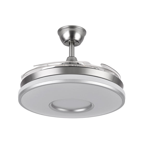 Ventilador Dani 59w 6980lm Niquel 4 Aspas Desplegables 6 Velocidades 106d 3000-4200-6500k Remoto, Reg.Int, Memori Y Tempor