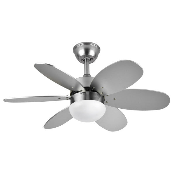 Ventilador Dc Alves 2xe27 Niquel 6 Aspas Rev. Haya/plata 41x85d C/ Remoto Y Temporizador