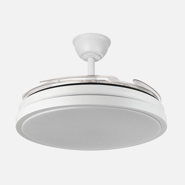 Ventilador Dc Escorpion 59w Blanco 4aspas desplegables 107d Reg.intensidad 6980lm 3000-4000-6000k Remoto+ Temporizador+ Memoria