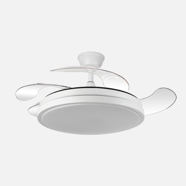 Ventilador Dc Escorpion 59w Blanco 4aspas desplegables 107d Reg.intensidad 6980lm 3000-4000-6000k Remoto+ Temporizador+ Memoria