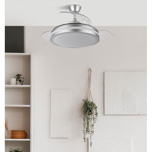 Ventilador Dc Esparta Plus 59w 6980lm Plata 107d 3aspas Desp.3000-4000-6000k Remoto+ reg.intensidad+Temporizador+ Memoria
