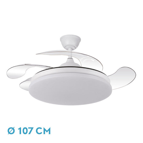 Ventilador Dc Tridente 59w Blanco 4aspas Desp.107d 6980lm Reg.intensidad Remoto+temporizador+memoria 3000-4000-6000k