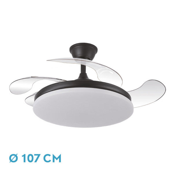 Ventilador Dc Tridente 59w Negro 4aspas Desp. 107d 6980lm Reg.intensidad Remoto+temporizador+memoria 3000-4000-6000k