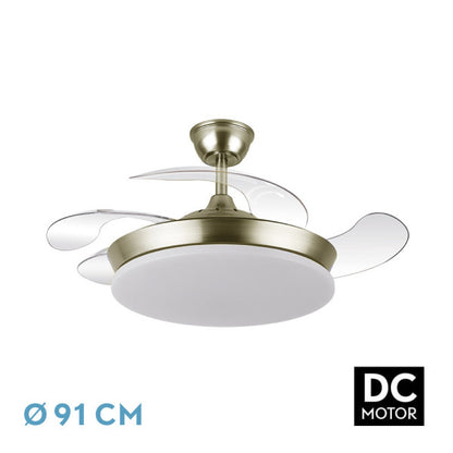 Ventilador Dc Tridente Mini 59w Cuero 4aspas Desp. 91d 6980lm Reg.intensidad Remoto+temporizador+memoria 3000-4000-6000k