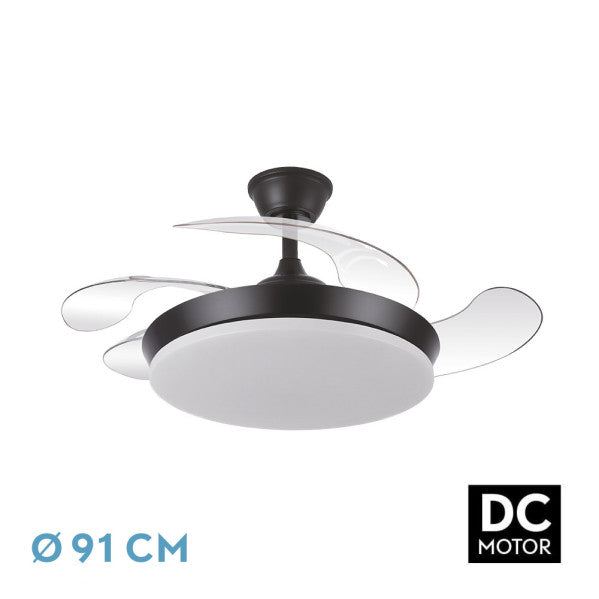 Ventilador Dc Tridente Mini 59w Negro 4aspas Desp.91d 6980lm Reg.intensidad Remoto+temporizador+memoria 3000-4000-6000k