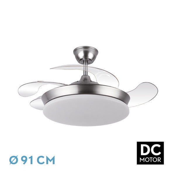 Ventilador Dc Tridente Mini 59w Niquel 4aspas Desp.91d 6980lm Reg.intensidad Remoto+temporizador+memoria 3000-4000-6000k