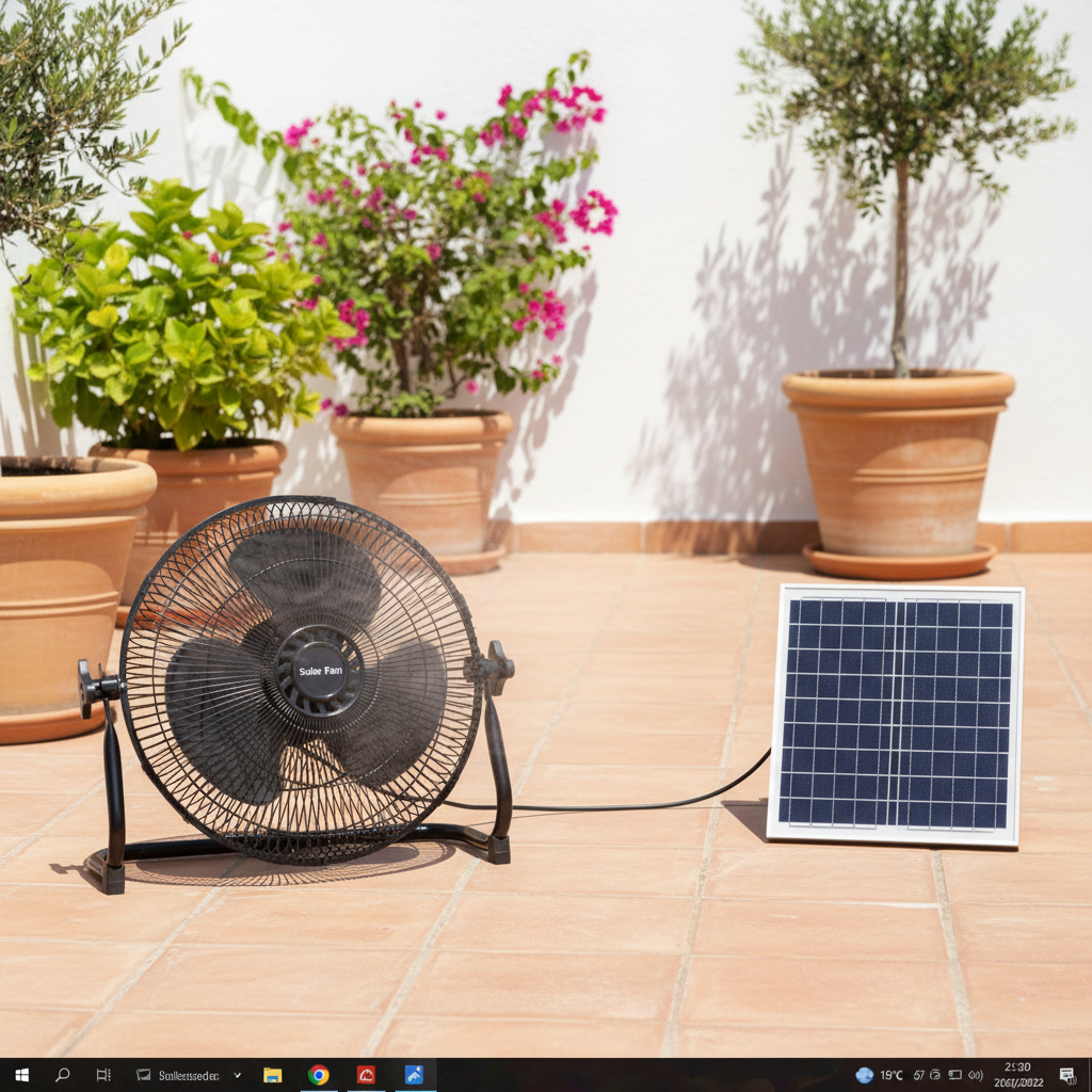 Ventilador Solar Recargable de Suelo 15W 3 Velocidades Puerto USB Panel Solar o Carga Eléctrica F-Bright